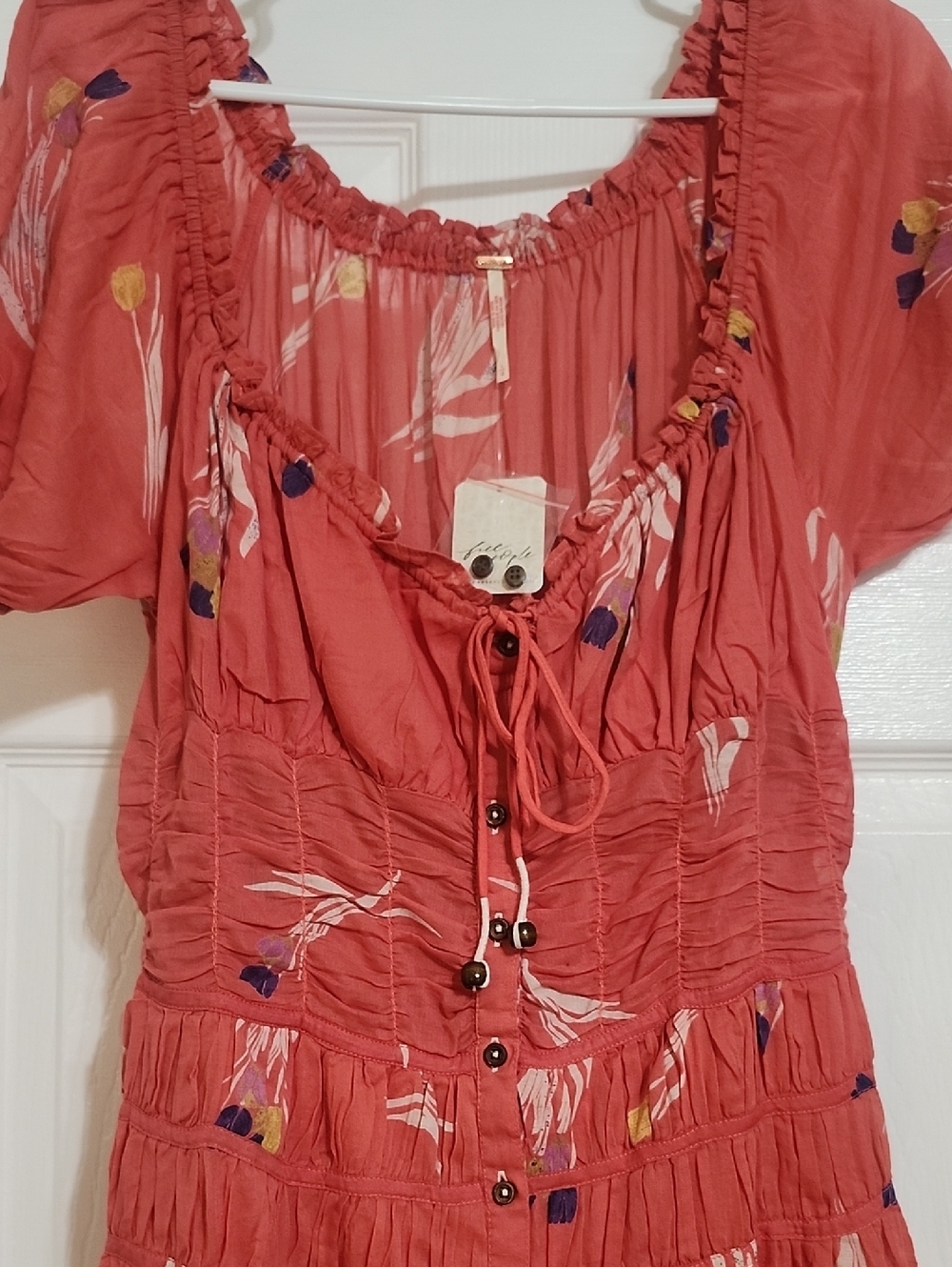 Free People New Coral Floral Button-Front Midi Dress with Smocked Waist - Picture 2 of 4